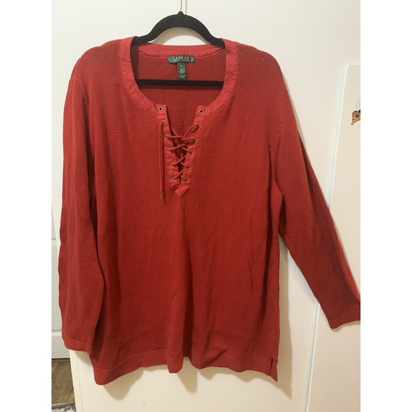 Lauren Ralph Lauren Tops - Lauren Ralph Lauren 3X Red Cotton Top Lace Up Crew Neck Long Sleeve Tunic Blouse
